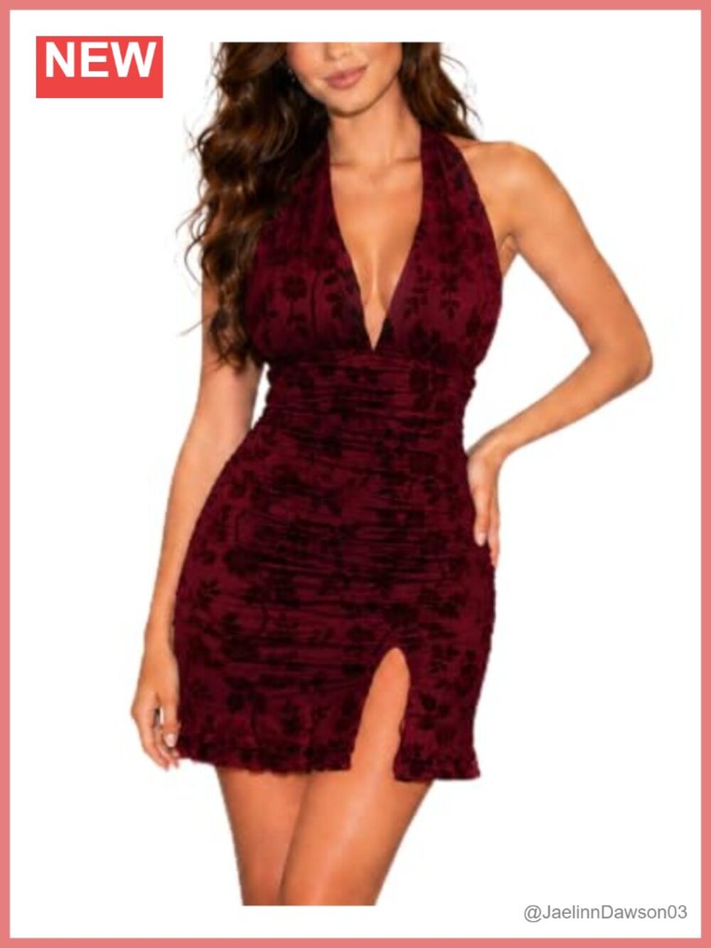 Women's Flocked Floral Halter Mini Dress Plunging V Neck Ruched Bodycon